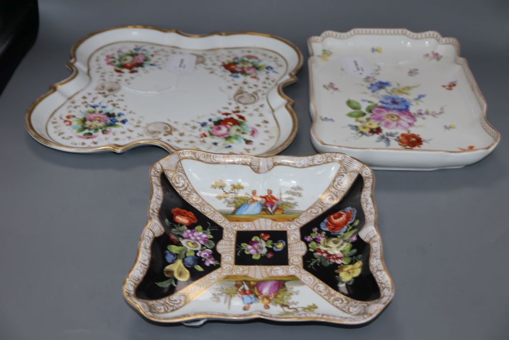 A late Meissen rectangular dish, a Meissen style square dish and a French porcelain tray (3)